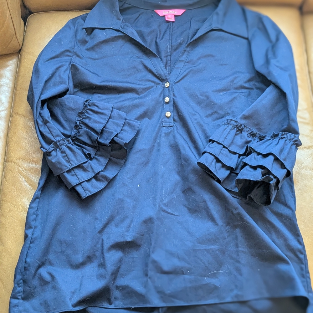 Lilly Pulitzer Judith Top Navy Ruffle-Sleeve Polo Tunic